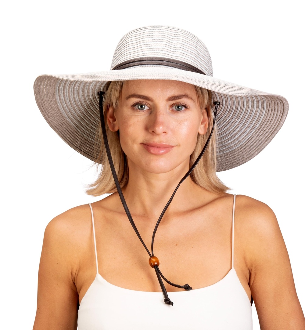 Women's Wide Brim Braided Sun Hat with Wind Lanyard - UPF | Duo Gray | Size M